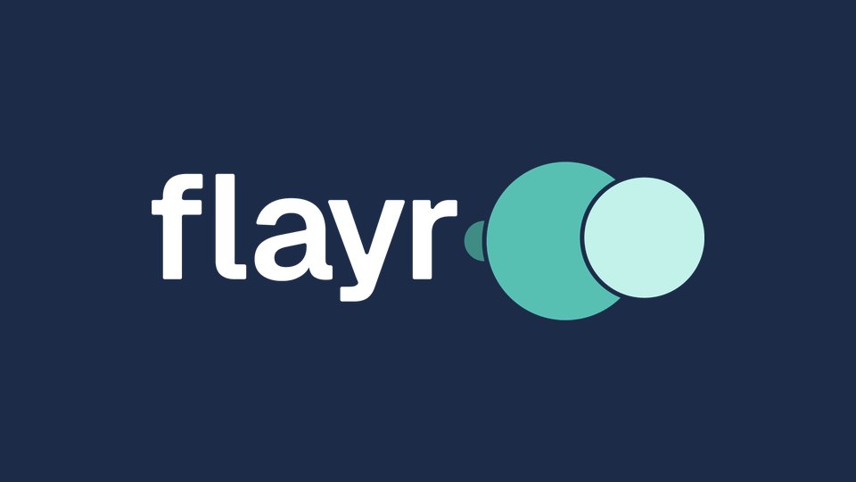 The Flayr logo reversed out in white and teal on a navy background