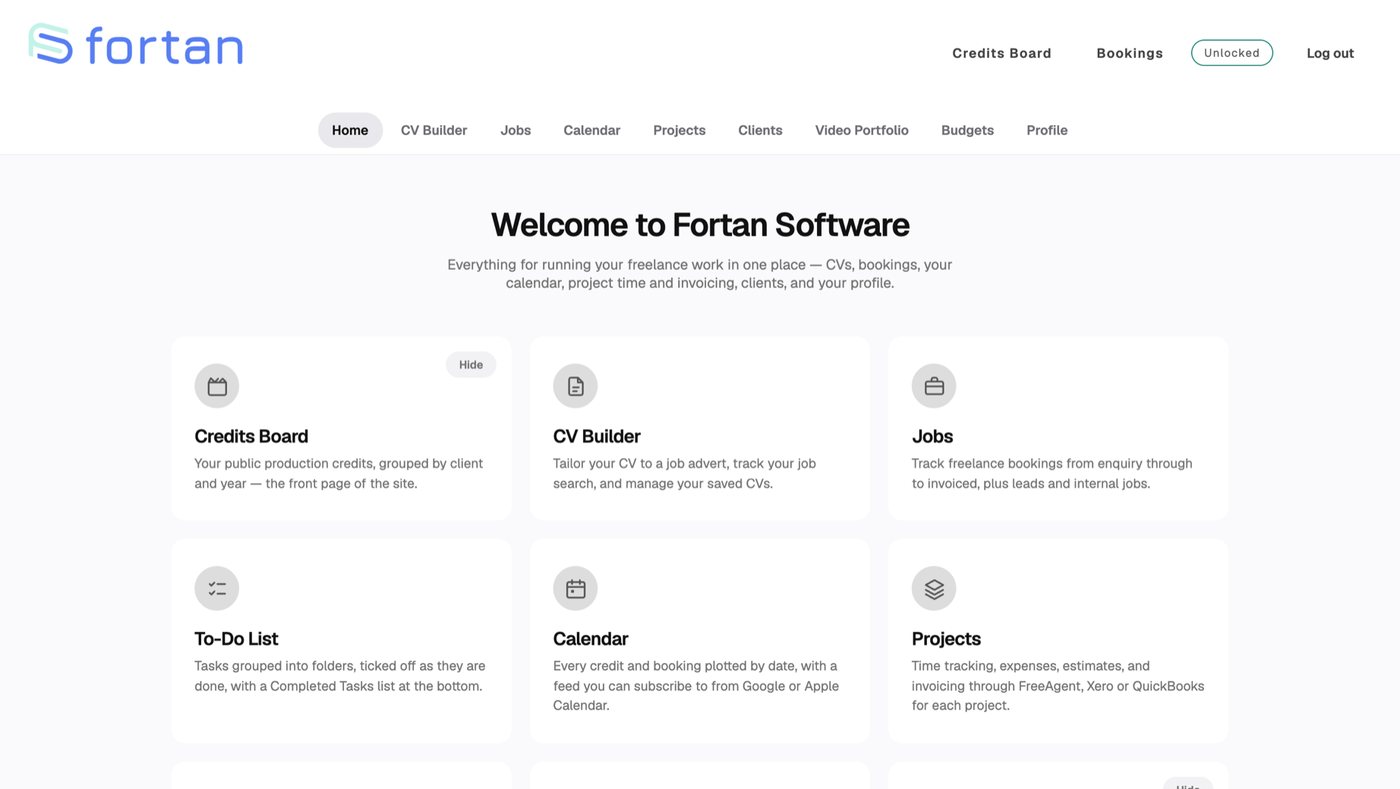 The Fortan Software home screen, with tiles for jobs, projects, clients, budgets, the calendar and the credits board