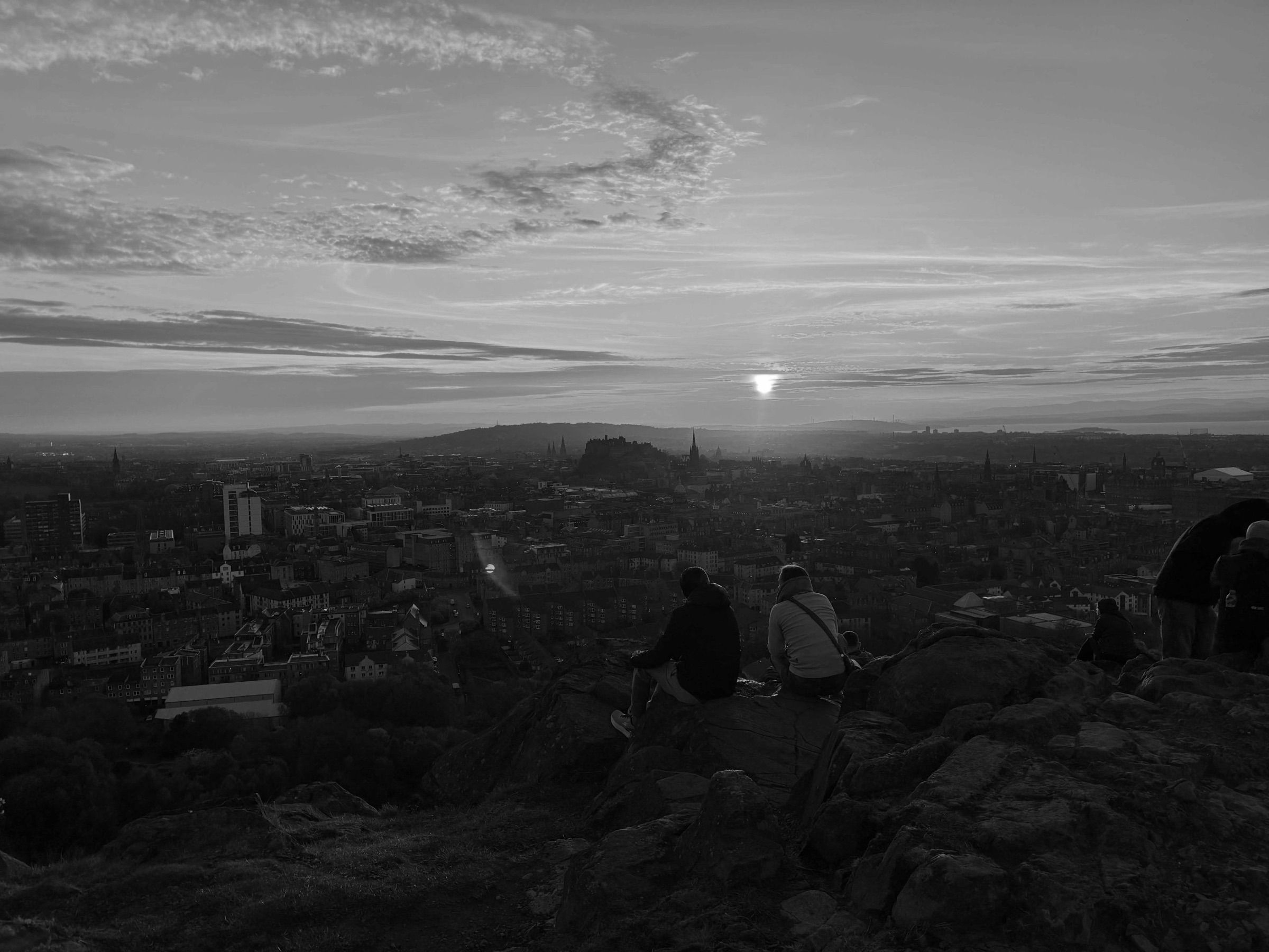 Edinburgh at dusk from Arthur’s Seat, in black and white