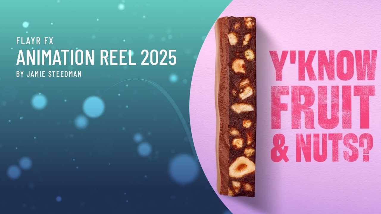 Opening frame of the 2025 animation showreel: an animated fruit and nut bar beside bold lettering