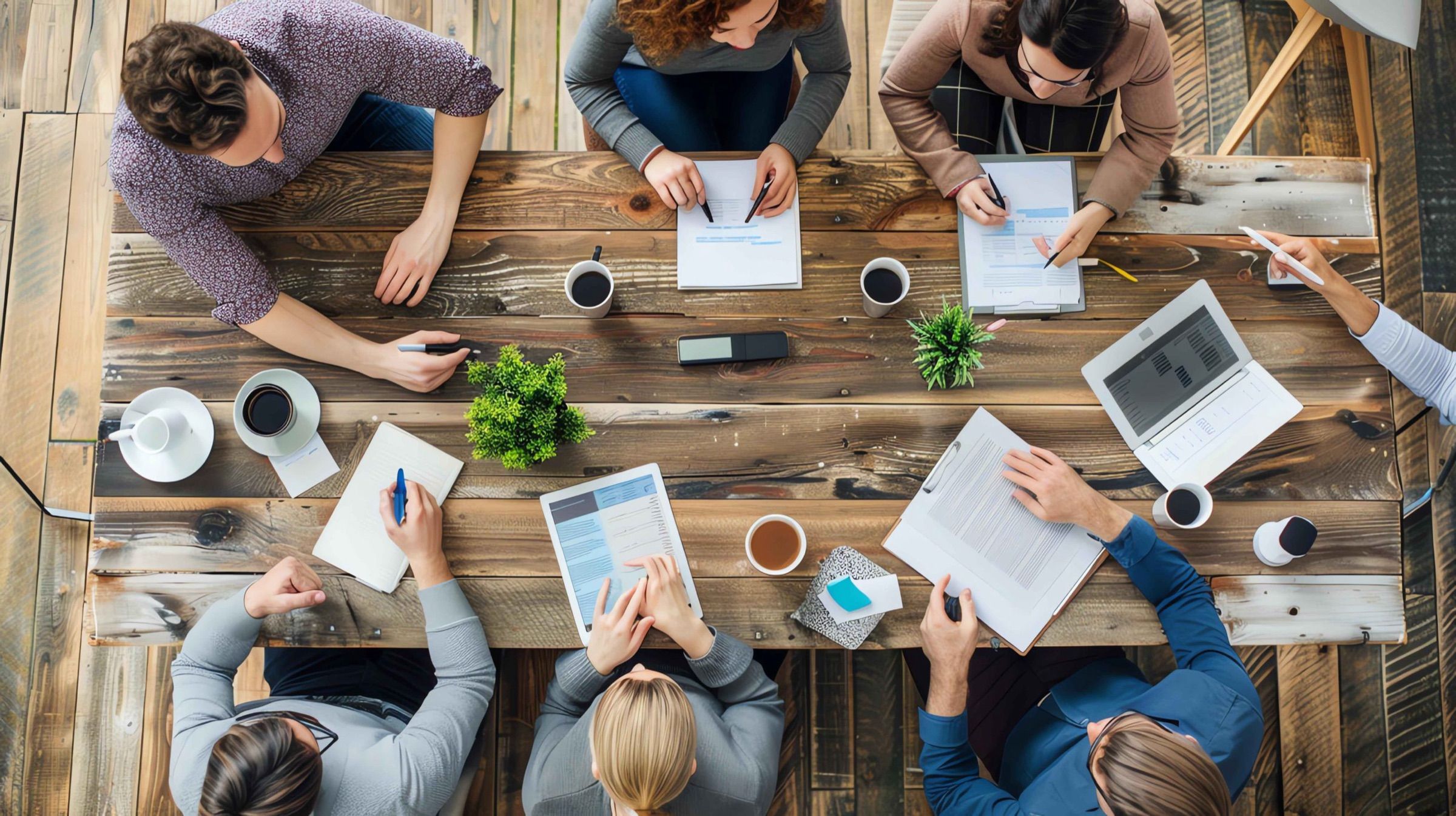 A team planning around a wooden table, seen from above