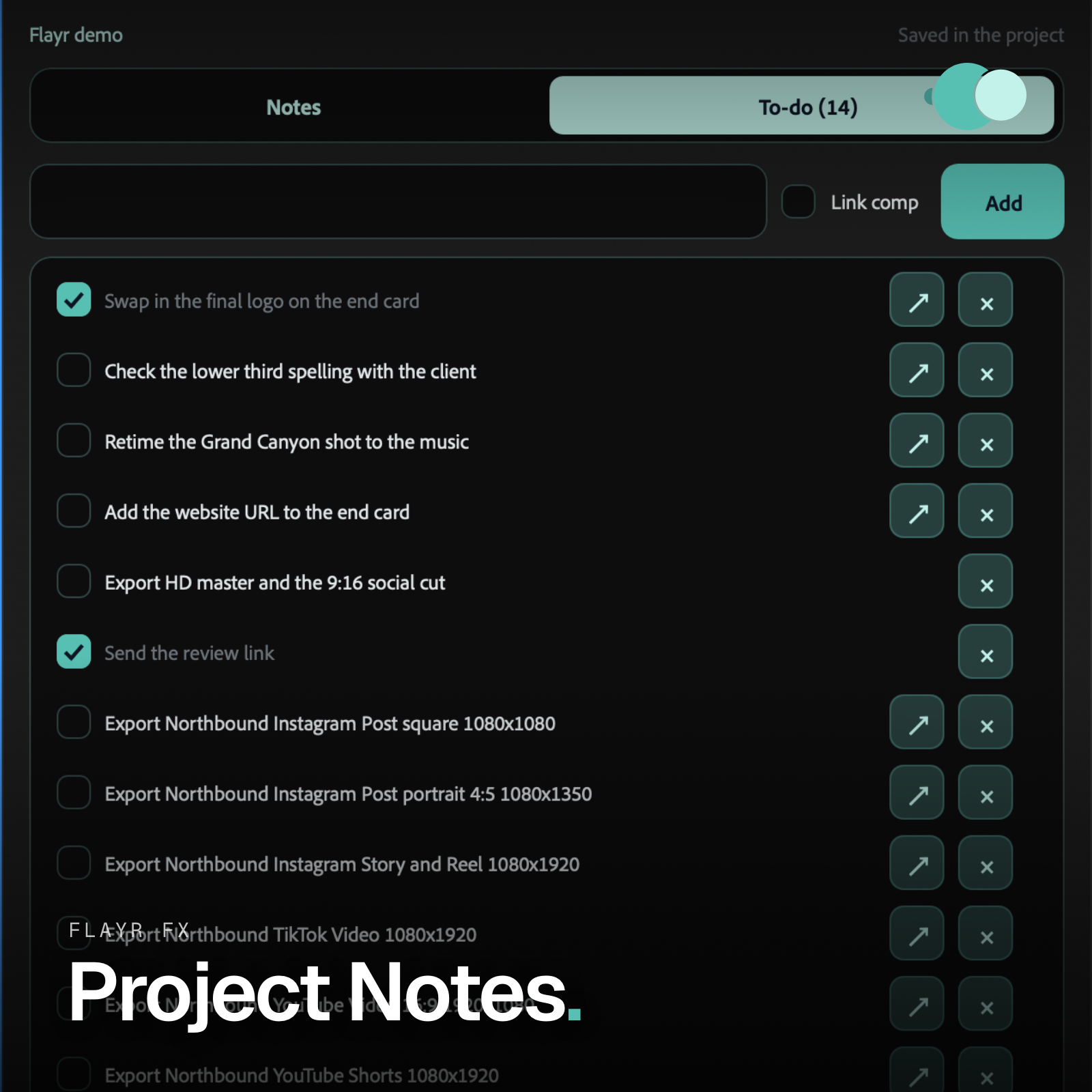 Flayr FX Project Notes logo for the After Effects notes and to-do panel