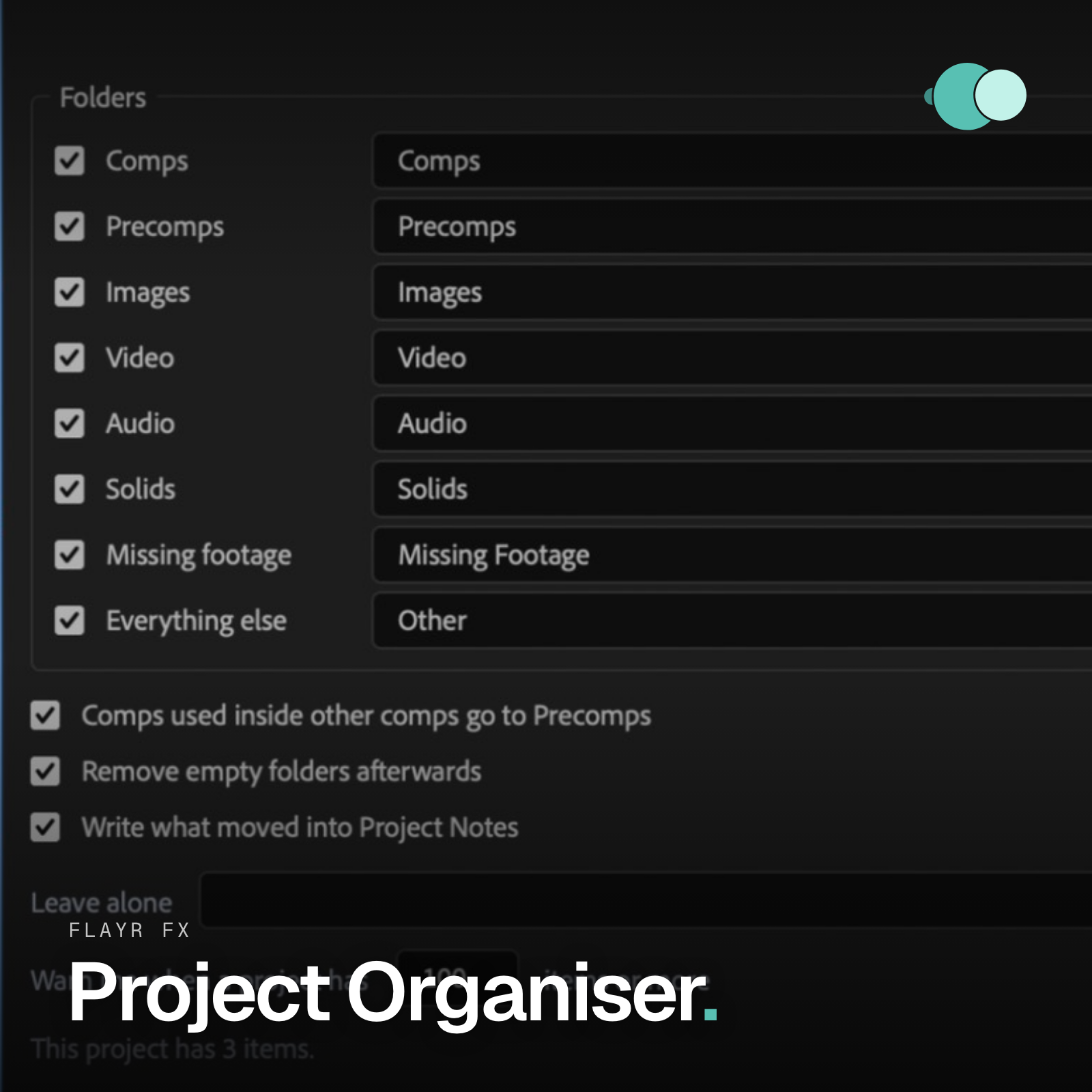 Flayr FX Project Organiser logo for the After Effects project tidy-up tool