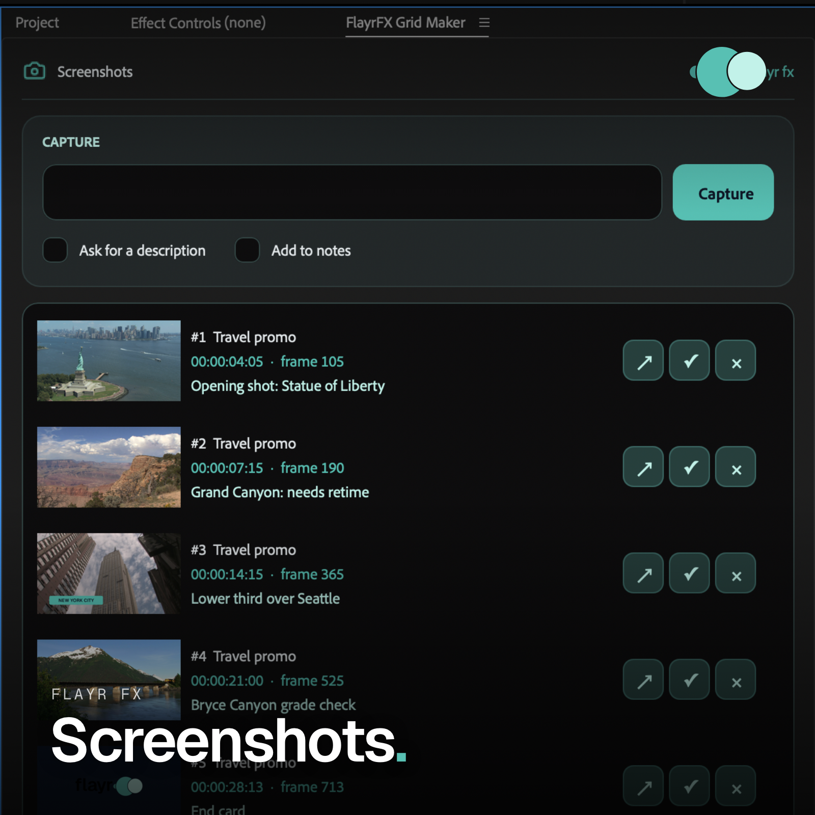Flayr FX Screenshots logo for the After Effects frame capture panel