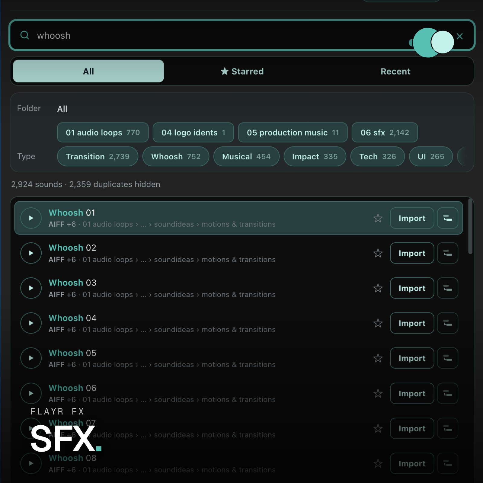Flayr FX SFX logo for the Premiere Pro and After Effects sound-effects search panel