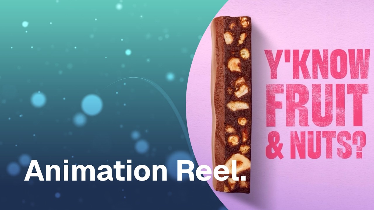 Opening frame of the 2025 animation showreel: an animated fruit and nut bar beside bold lettering